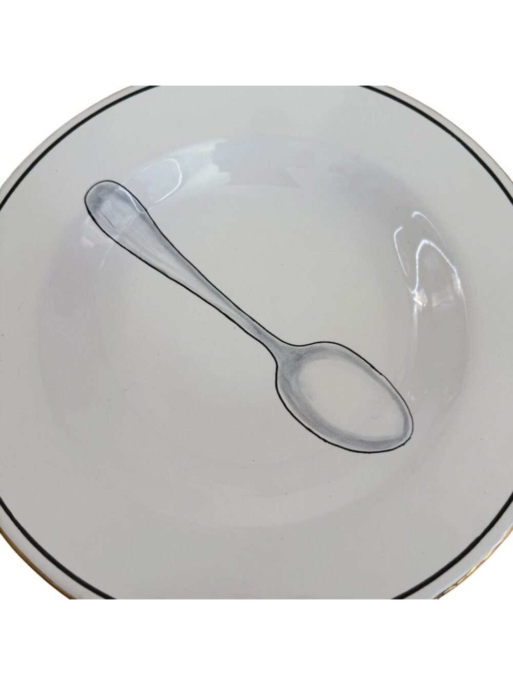 2 Peri Wolfman Posata Deruta Salad Soup Bowls Spoon Print Gold Rim Made In Italy - Picture 3 of 8